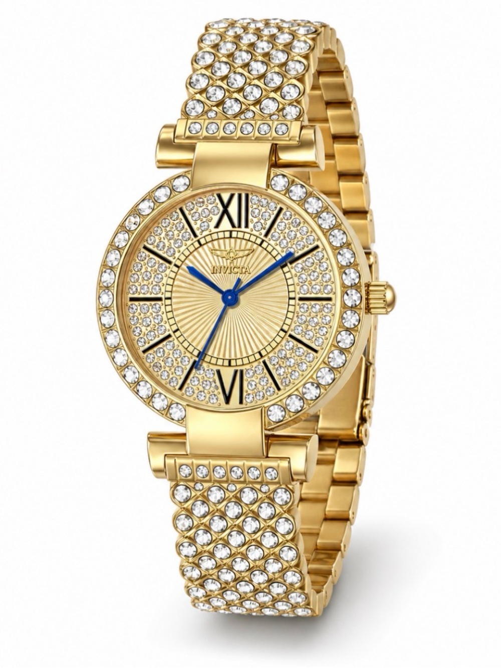 NEW Invicta Wildflower Gold Crystal Accent Bracelet Watch Blue Hands 34mm #69061